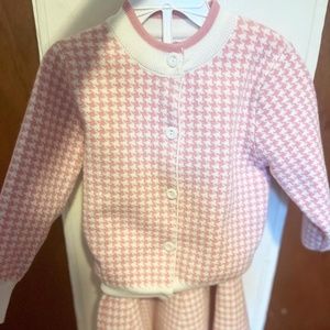 Pink and white houndstooth sweater skirt suit